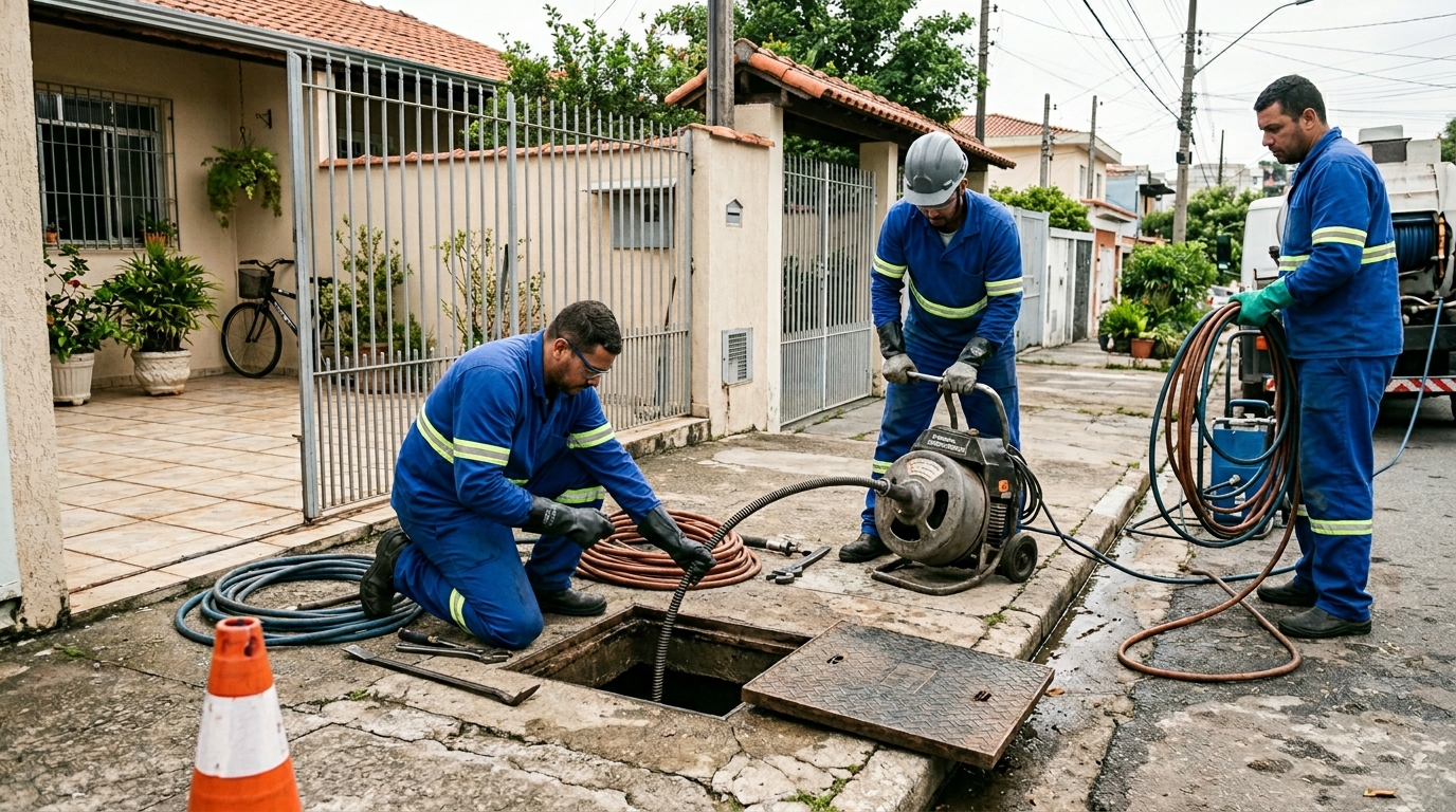 Equipe de desentupimento de esgoto em Jundiaí-SP